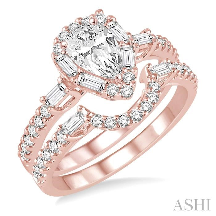 1 1/4 Ctw Diamond Wedding Set With 1 Ctw Pear Shape Engagement Ring and 1/3 Ctw Curved Wedding Band in 14K Rose Gold