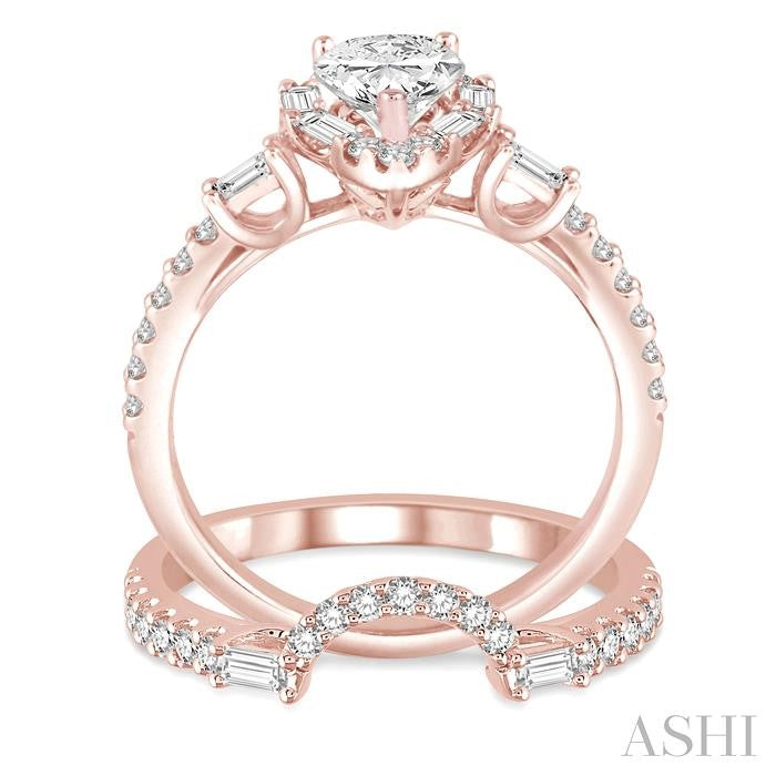 1 1/4 Ctw Diamond Wedding Set With 1 Ctw Pear Shape Engagement Ring and 1/3 Ctw Curved Wedding Band in 14K Rose Gold
