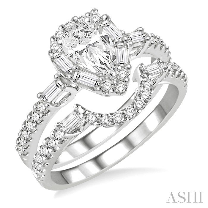 1 1/4 Ctw Diamond Wedding Set With 1 Ctw Pear Shape Engagement Ring and 1/3 Ctw Curved Wedding Band in 14K White Gold