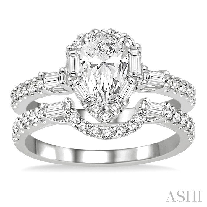 1 1/4 Ctw Diamond Wedding Set With 1 Ctw Pear Shape Engagement Ring and 1/3 Ctw Curved Wedding Band in 14K White Gold