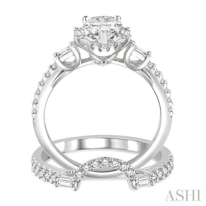 1 1/4 Ctw Diamond Wedding Set With 1 Ctw Pear Shape Engagement Ring and 1/3 Ctw Curved Wedding Band in 14K White Gold