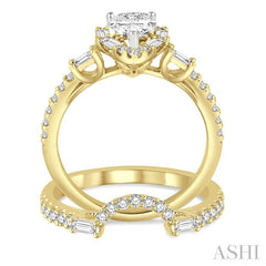 1 1/4 Ctw Diamond Wedding Set With 1 Ctw Pear Shape Engagement Ring and 1/3 Ctw Curved Wedding Band in 14K Yellow and White Gold