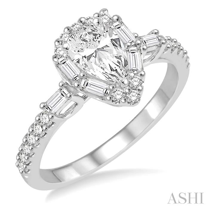1 Ctw Diamond Engagement Ring with 1/2 Ct Pear cut Center Stone in 14K White Gold