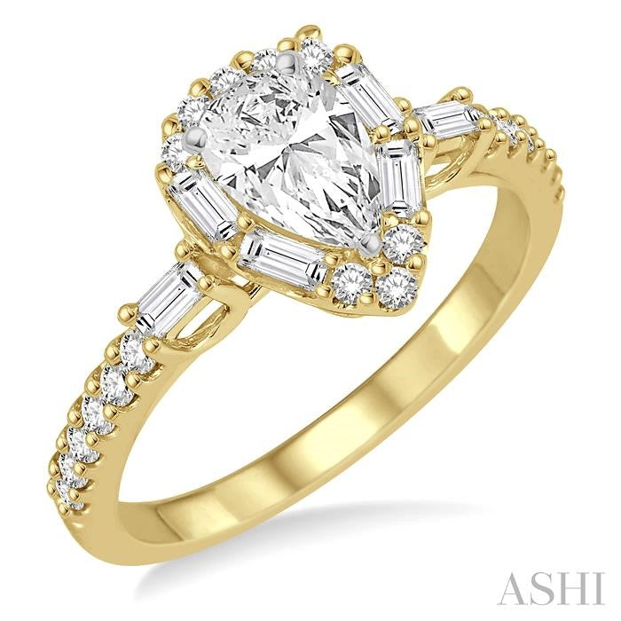 1 Ctw Diamond Engagement Ring with 1/2 Ct Pear cut Center Stone in 14K Yellow and White Gold