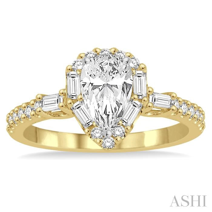 1 Ctw Diamond Engagement Ring with 1/2 Ct Pear cut Center Stone in 14K Yellow and White Gold