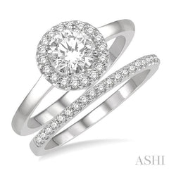 3/4 Ctw Round Cut Diamond Wedding Set With 5/8 Ct Engagement Ring and 1/6 Ct Wedding Band in 14K White Gold