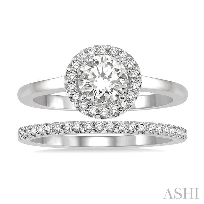 3/4 Ctw Round Cut Diamond Wedding Set With 5/8 Ct Engagement Ring and 1/6 Ct Wedding Band in 14K White Gold