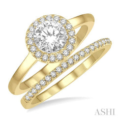 3/4 Ctw Round Cut Diamond Wedding Set With 5/8 Ct Engagement Ring and 1/6 Ct Wedding Band in 14K Yellow and White Gold