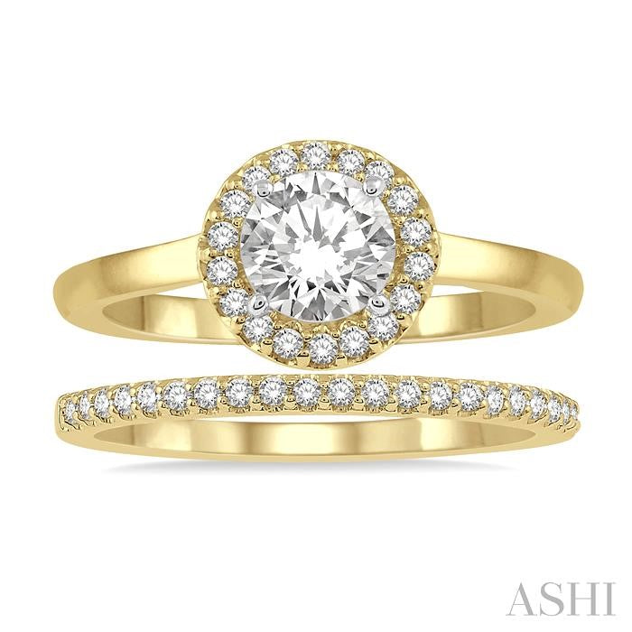 3/4 Ctw Round Cut Diamond Wedding Set With 5/8 Ct Engagement Ring and 1/6 Ct Wedding Band in 14K Yellow and White Gold