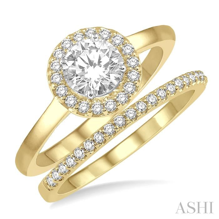 3/8 Ctw Diamond Wedding Set With 1/3 Ct Halo 1/4 Ct Round Cut Center Stone Engagement Ring and 1/10 Ct Wedding Band in 14K Yellow and White Gold