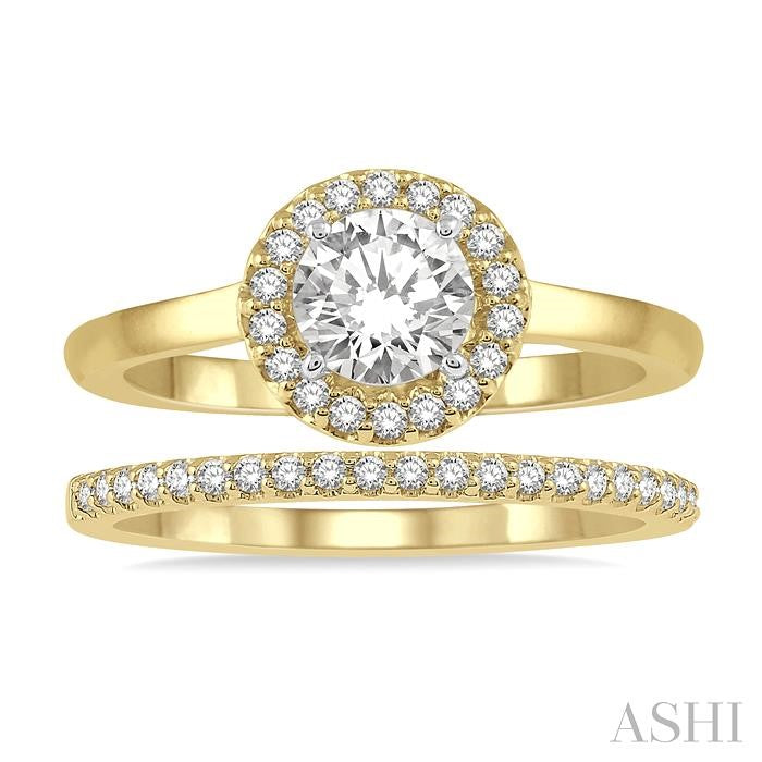 3/8 Ctw Diamond Wedding Set With 1/3 Ct Halo 1/4 Ct Round Cut Center Stone Engagement Ring and 1/10 Ct Wedding Band in 14K Yellow and White Gold