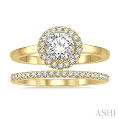 3/8 Ctw Diamond Wedding Set With 1/3 Ct Halo 1/4 Ct Round Cut Center Stone Engagement Ring and 1/10 Ct Wedding Band in 14K Yellow and White Gold