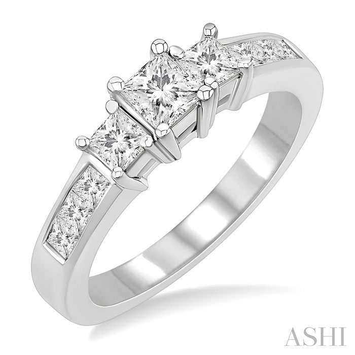1 Ctw Nine Stone Princess Cut Diamond Engagement Ring in 14K White Gold