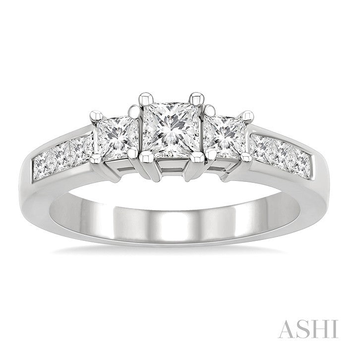 1 Ctw Nine Stone Princess Cut Diamond Engagement Ring in 14K White Gold
