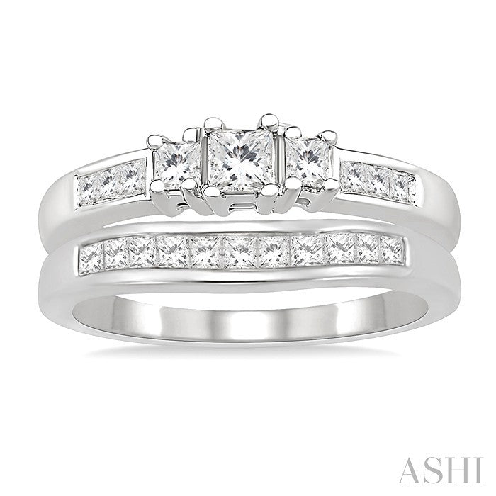 3/4 Ctw Diamond Wedding Set with 1/2 Ctw Princess Cut Engagement Ring and 1/4 Ctw Wedding Band in 14K White Gold