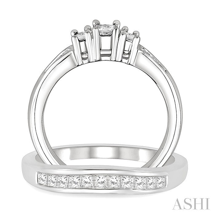 3/4 Ctw Diamond Wedding Set with 1/2 Ctw Princess Cut Engagement Ring and 1/4 Ctw Wedding Band in 14K White Gold