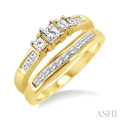 3/4 Ctw Diamond Wedding Set with 1/2 Ctw Princess Cut Engagement Ring and 1/4 Ctw Wedding Band in 14K Yellow Gold