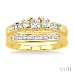 3/4 Ctw Diamond Wedding Set with 1/2 Ctw Princess Cut Engagement Ring and 1/4 Ctw Wedding Band in 14K Yellow Gold