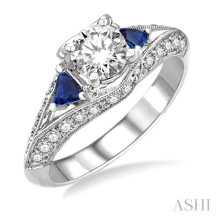 4x4 MM Trillion Cut Sapphire and 1 1/5 Ctw Diamond Engagement Precious Ring with 5/8 Ct Round Cut Center Stone in 14K White Gold