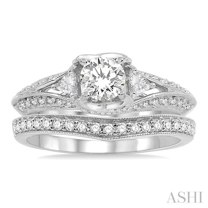 1 1/5 Ctw Diamond Wedding Set with 1 Ctw Round Cut Engagement Ring and 1/5 Ctw Wedding Band in 14K White Gold