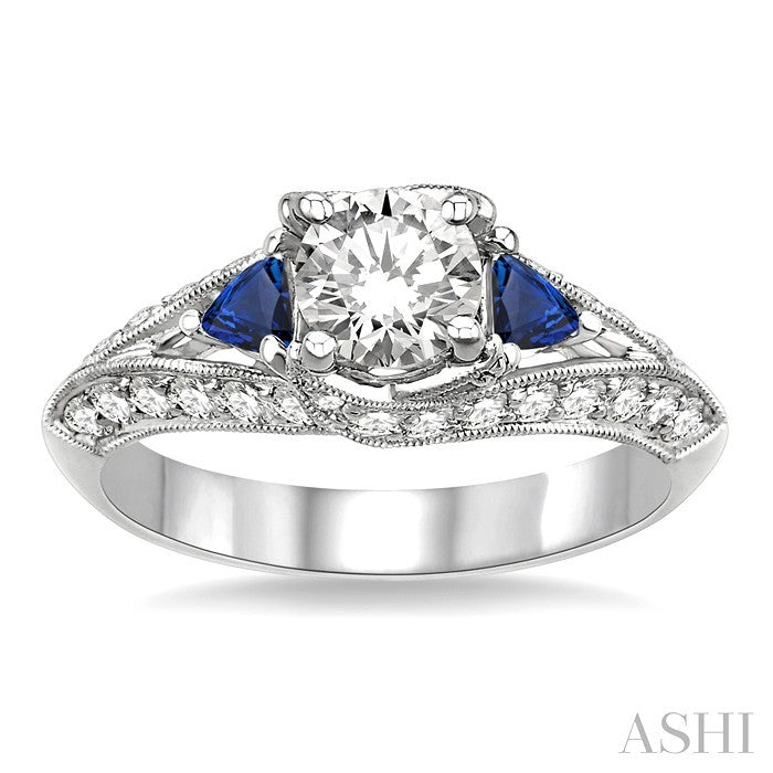 4x4 MM Trillion Cut Sapphire and 5/8 Ctw Round Cut Diamond Semi-Mount Engagement Ring in 14K White Gold