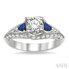 4x4 MM Trillion Cut Sapphire and 5/8 Ctw Round Cut Diamond Semi-Mount Engagement Ring in 14K White Gold