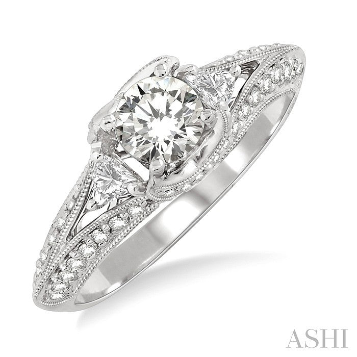 1/2 Ctw Round and Trillion Cut Diamond Semi-Mount Engagement Ring in 14K White Gold