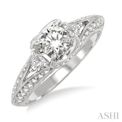 1/2 Ctw Round and Trillion Cut Diamond Semi-Mount Engagement Ring in 14K White Gold