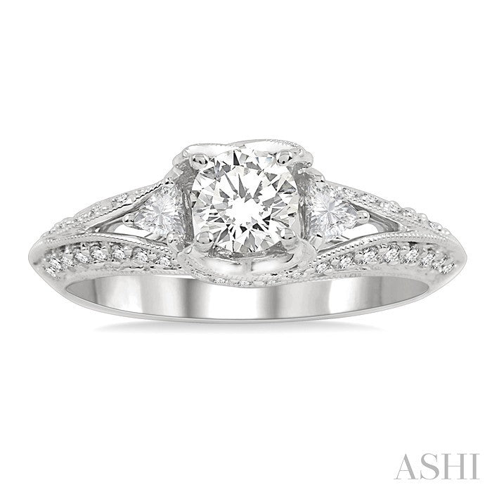 1/2 Ctw Round and Trillion Cut Diamond Semi-Mount Engagement Ring in 14K White Gold