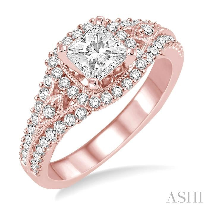 1 1/10 Ctw Diamond Engagement Ring with 1/2 Ct Princess Cut Center Stone in 14K Rose Gold