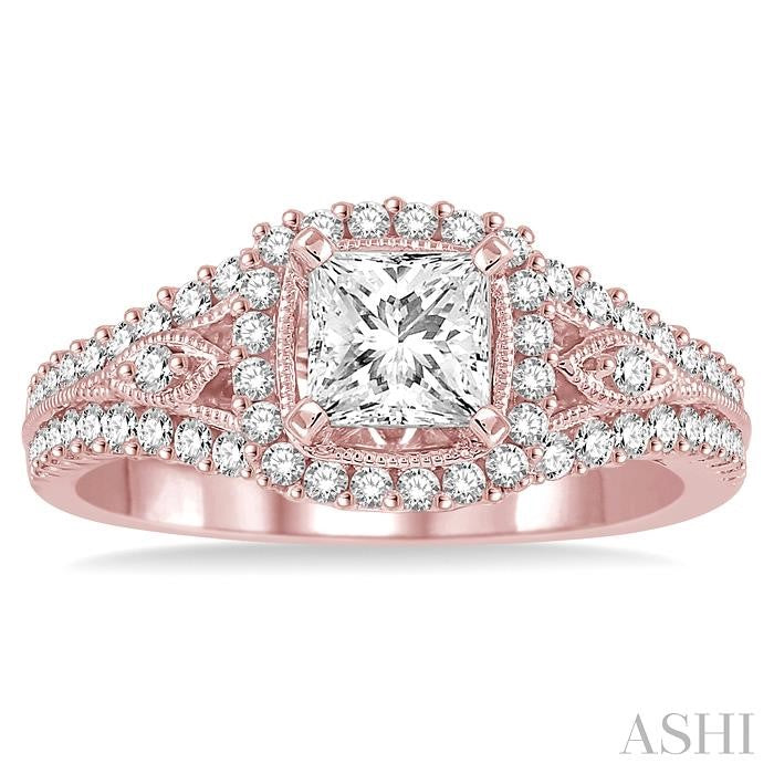 1 1/10 Ctw Diamond Engagement Ring with 1/2 Ct Princess Cut Center Stone in 14K Rose Gold