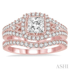 1 1/3 Ctw Diamond Wedding Set with 1 Ctw Princess Cut Engagement Ring and 1/4 Ctw Wedding Band in 14K Rose Gold