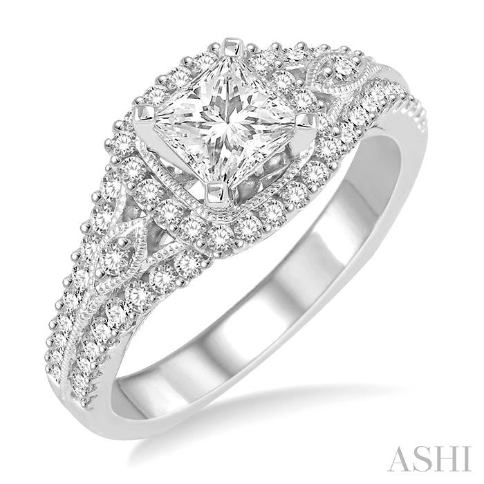 1 1/10 Ctw Diamond Engagement Ring with 1/2 Ct Princess Cut Center Stone in 14K White Gold