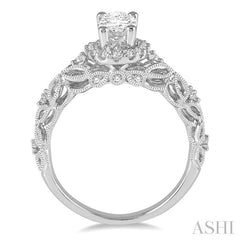 3/4 Ctw Vintage Inspired Diamond Halo Engagement Ring with 1/2 Ct Oval Cut Center Diamond in 14K White Gold