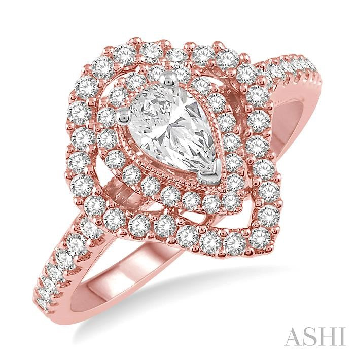 1/2 Ctw Pear Shape Center Semi-Mount Round Cut Diamond Engagement Ring in 14K Rose and White Gold