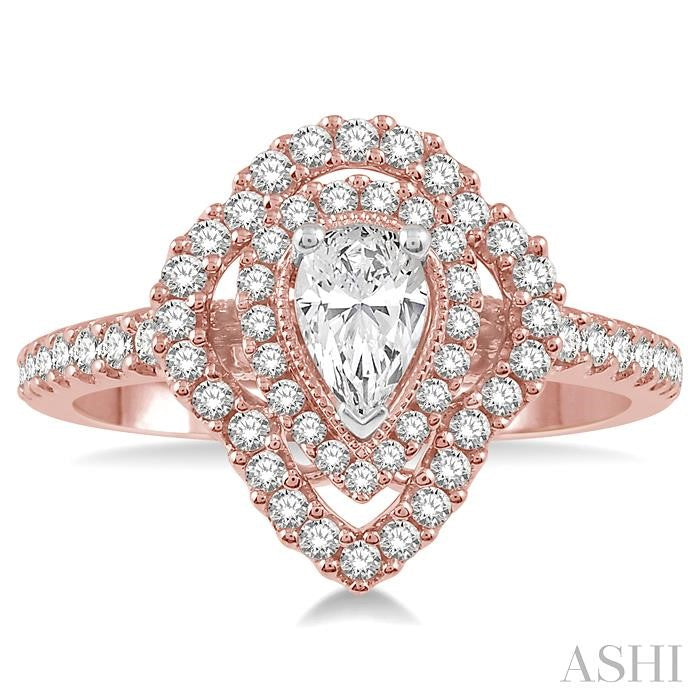 1/2 Ctw Pear Shape Center Semi-Mount Round Cut Diamond Engagement Ring in 14K Rose and White Gold