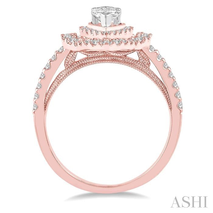 1/2 Ctw Pear Shape Center Semi-Mount Round Cut Diamond Engagement Ring in 14K Rose and White Gold