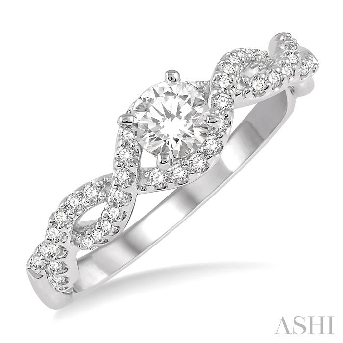 1/2 Ctw Round Center Stone Entwined Diamond Ladies Engagement Ring with 1/3 Ct Round Cut Center Stone in 14K White Gold
