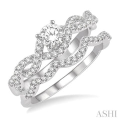5/8 Ctw Diamond Wedding Set With 1/2 Ct Round Diamond Engagement Ring and 1/10 Ct Wavy Wedding Band in 14K White Gold