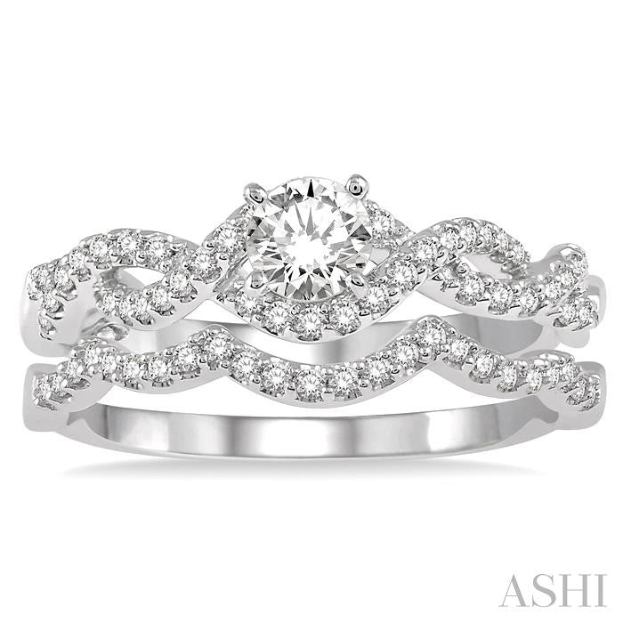 5/8 Ctw Diamond Wedding Set With 1/2 Ct Round Diamond Engagement Ring and 1/10 Ct Wavy Wedding Band in 14K White Gold