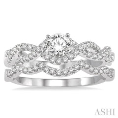 5/8 Ctw Diamond Wedding Set With 1/2 Ct Round Diamond Engagement Ring and 1/10 Ct Wavy Wedding Band in 14K White Gold
