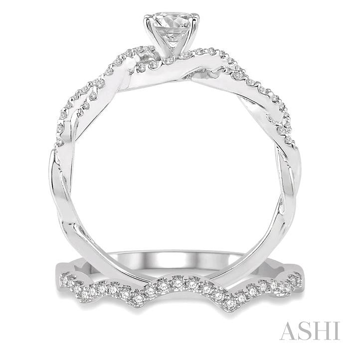 5/8 Ctw Diamond Wedding Set With 1/2 Ct Round Diamond Engagement Ring and 1/10 Ct Wavy Wedding Band in 14K White Gold