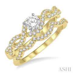 5/8 Ctw Diamond Wedding Set With 1/2 Ct Round Diamond Engagement Ring and 1/10 Ct Wavy Wedding Band in 14K Yellow and White Gold