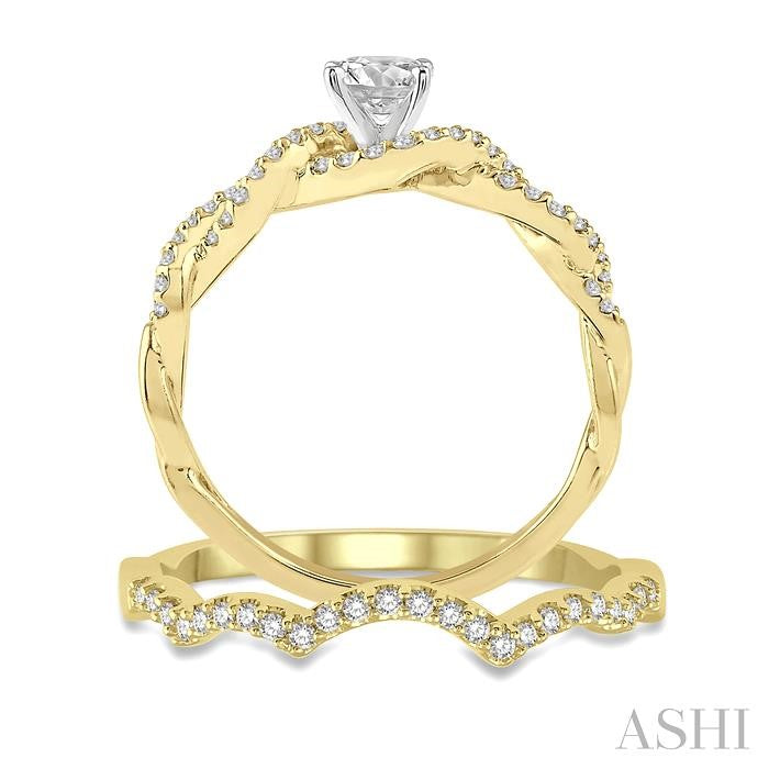 5/8 Ctw Diamond Wedding Set With 1/2 Ct Round Diamond Engagement Ring and 1/10 Ct Wavy Wedding Band in 14K Yellow and White Gold