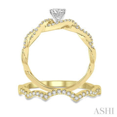 5/8 Ctw Diamond Wedding Set With 1/2 Ct Round Diamond Engagement Ring and 1/10 Ct Wavy Wedding Band in 14K Yellow and White Gold