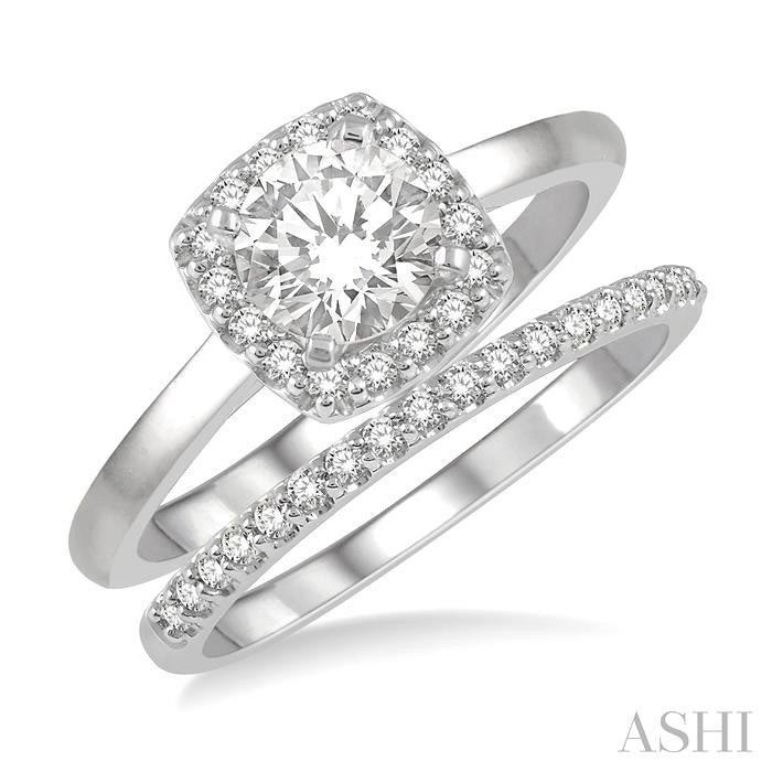 3/4 Ctw Round Cut Diamond Wedding Set With 5/8 Ct Cushion Mount Engagement Ring and 1/6 Ct Wedding Band in 14K White Gold