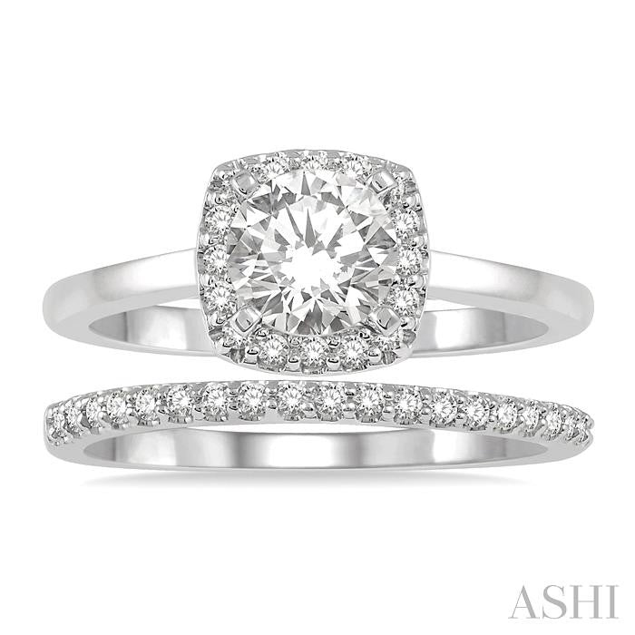 3/4 Ctw Round Cut Diamond Wedding Set With 5/8 Ct Cushion Mount Engagement Ring and 1/6 Ct Wedding Band in 14K White Gold