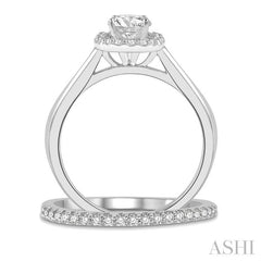 3/4 Ctw Round Cut Diamond Wedding Set With 5/8 Ct Cushion Mount Engagement Ring and 1/6 Ct Wedding Band in 14K White Gold