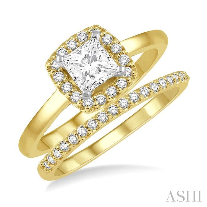 3/4 Ctw Diamond Wedding Set With 5/8 Ct Round Cut & 1/2 Ct Princess Cut Center Engagement Ring and 1/6 Ct Wedding Band in 14K Yellow and White Gold