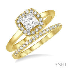 3/4 Ctw Diamond Wedding Set With 5/8 Ct Round Cut & 1/2 Ct Princess Cut Center Engagement Ring and 1/6 Ct Wedding Band in 14K Yellow and White Gold